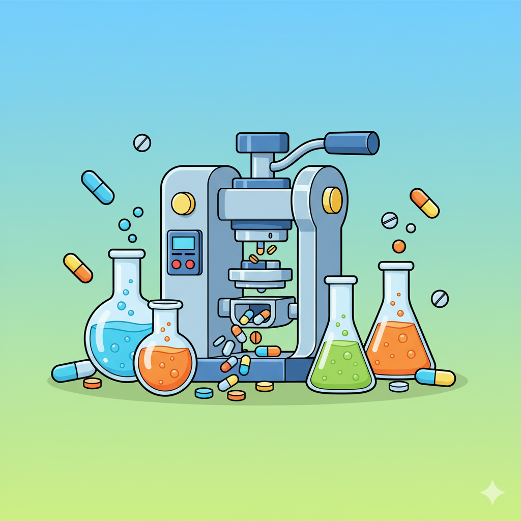 A cartoon style banner with pills, flasks, and a pill press to show the research on research chemicals.